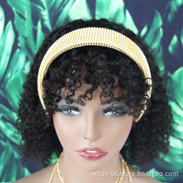 New Arrival Hot Sale Kinky Curly Headband Wig With Detachable Bangs Scalf Wig, Brazilian Glueless Human Hair Wig